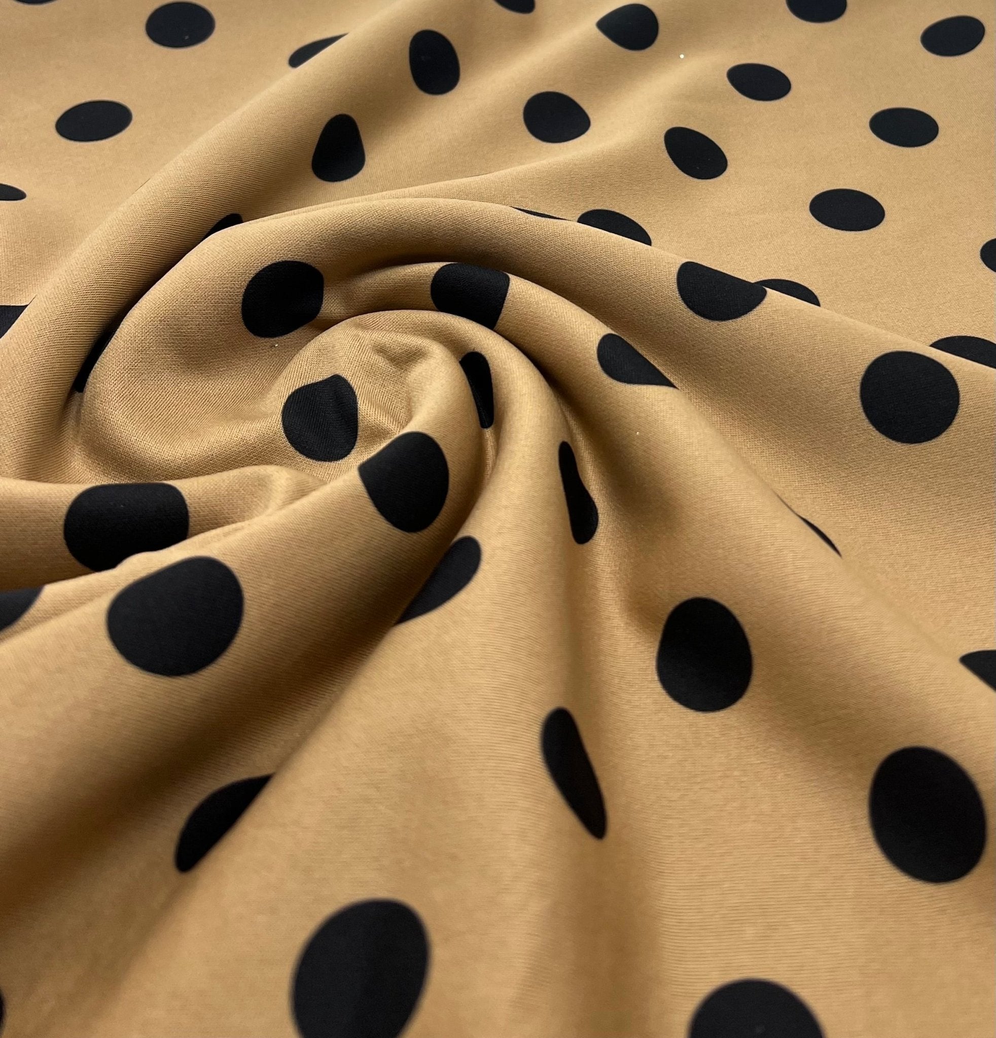 Tan Black Polka Printed Plain Scuba 2 Way Stretch Jersey Fabric - T9 Fabrics